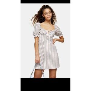 TOPSHOP Textured Stripe Puffed Sleeves Mini Dress sz 4 summer vcay sexy Barbie